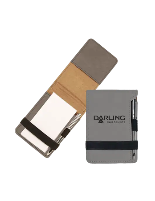 Grey Leatherette Mini Notepad with Pen,  3.25 x 4.75 w/Darling Ingredients Logo
