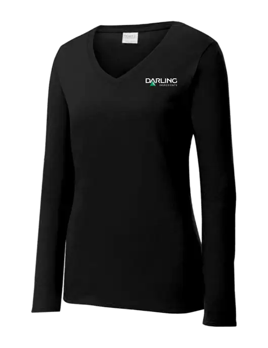 Womens V-Neck Ring Spun Jet Black 4.5 oz Long Sleeve T-Shirt w/Darling Ingredients Logo