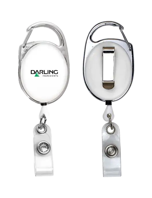 White Carabiner Style Badge Reel and Badge Holder w/Darling Ingredients Logo