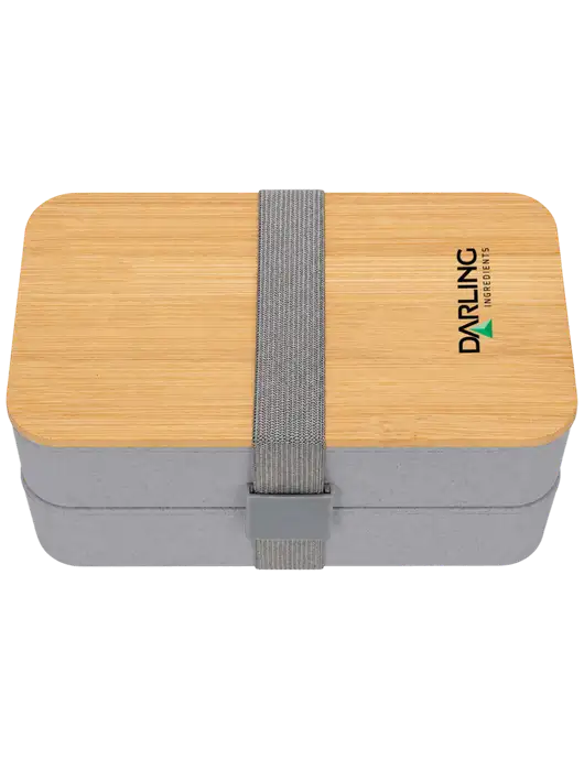 Double Decker Light Medium Grey Lunch Box w/Eco-Friendly FSC Bamboo Lid & Reusable Utensils w/Darling Ingredients Logo