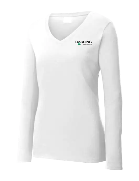 Womens  V-Neck Ring Spun White 4.5 oz Long Sleeve T-Shirt w/Darling Ingredients Logo