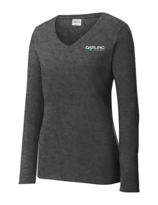 Womens  V-Neck Ring Spun Dark Heather Grey 4.5 oz Long Sleeve T-Shirt w/Darling Ingredients Logo