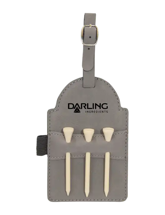 Grey Leatherette Golf Bag Tag with 3 Wooden Tees w/Darling Ingredients Logo