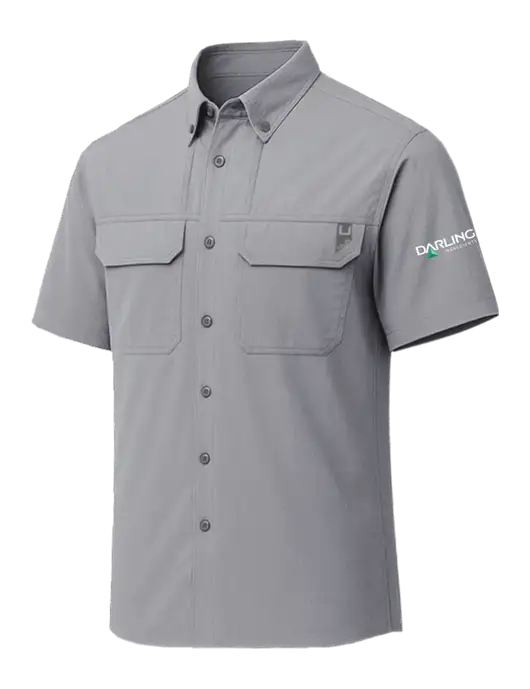HUK Light Medium Grey Creekbed Short Sleeve Shirt w/Darling Ingredients Logo
