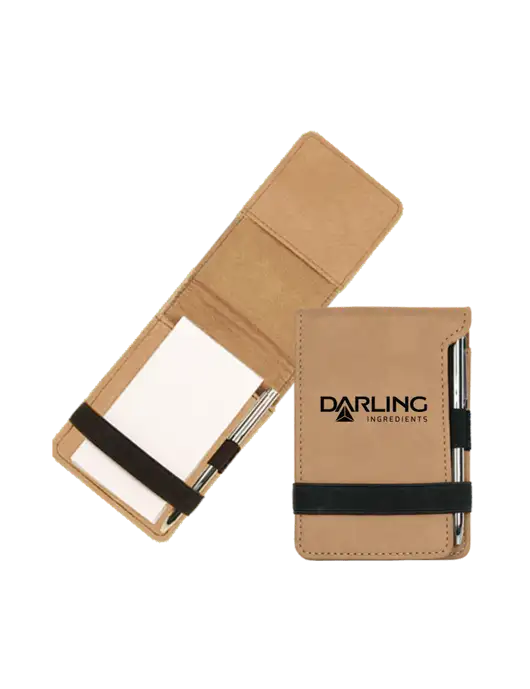 Tan Leatherette Mini Notepad with Pen,  3.25 x 4.75 w/Darling Ingredients Logo