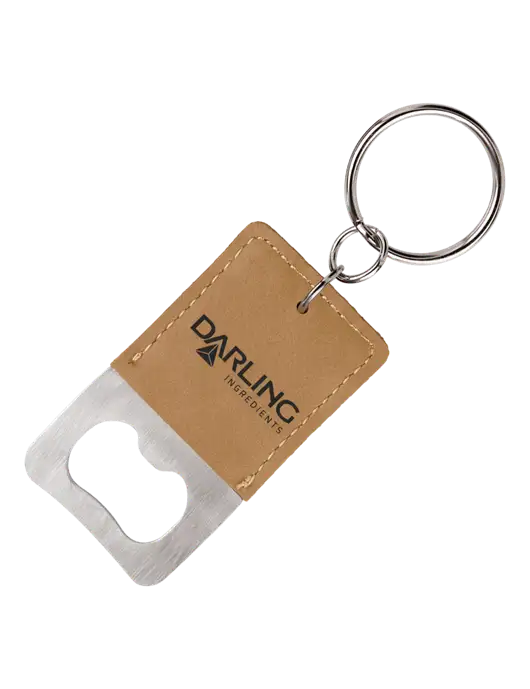 Tan Leatherette Rectangle Bottle Opener Keychain w/Darling Ingredients Logo