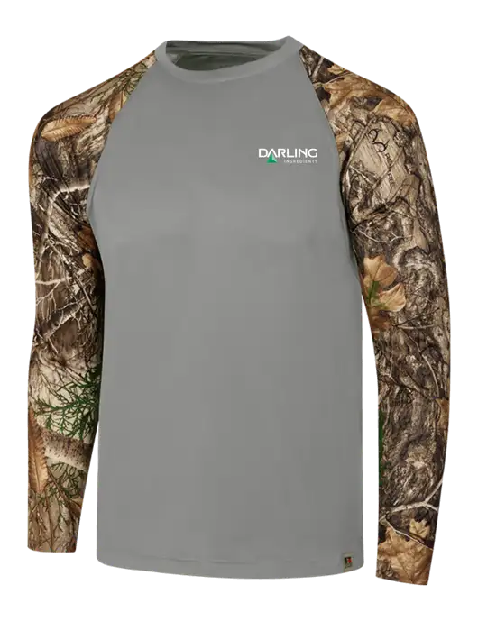 Russell Outdoors Medium Grey/Realtree Edge Camo Colorblock Performance Long Sleeve T-Shirt w/Darling Ingredients Logo