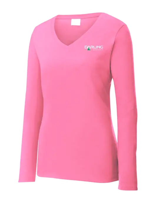 Womens  V-Neck Ring Spun Pink 4.5 oz Long Sleeve T-Shirt w/Darling Ingredients Logo