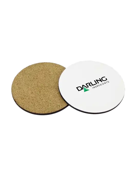 Gloss White Hardboard Round Coaster w/Cork Back, 3.75 w/Darling Ingredients Logo
