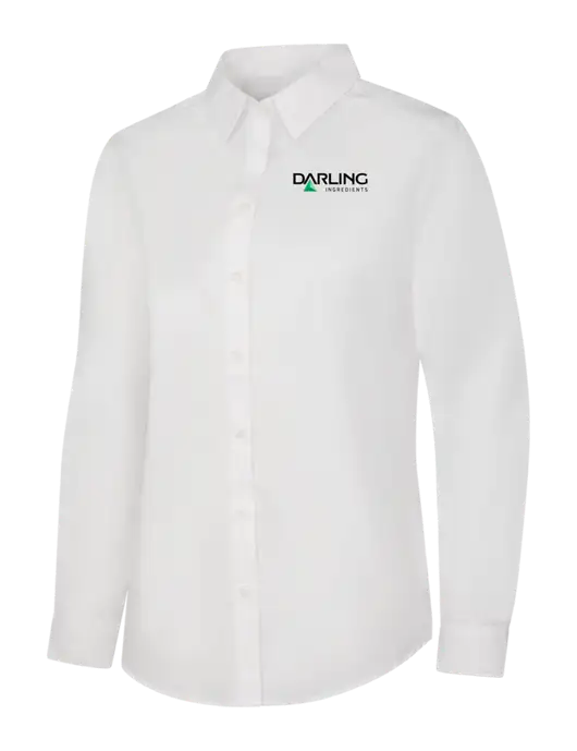 Womens White Long Sleeve Carefree Poplin Shirt w/Darling Ingredients Logo