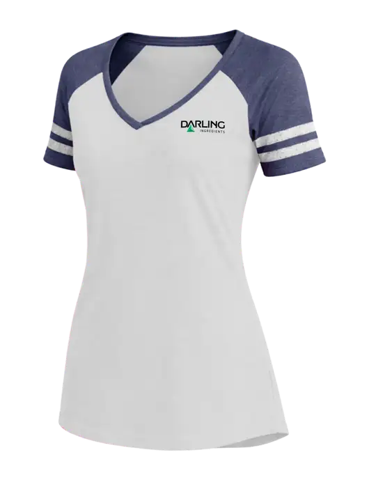 Womens White/Navy Heather V-Neck Game Tee w/Darling Ingredients Logo