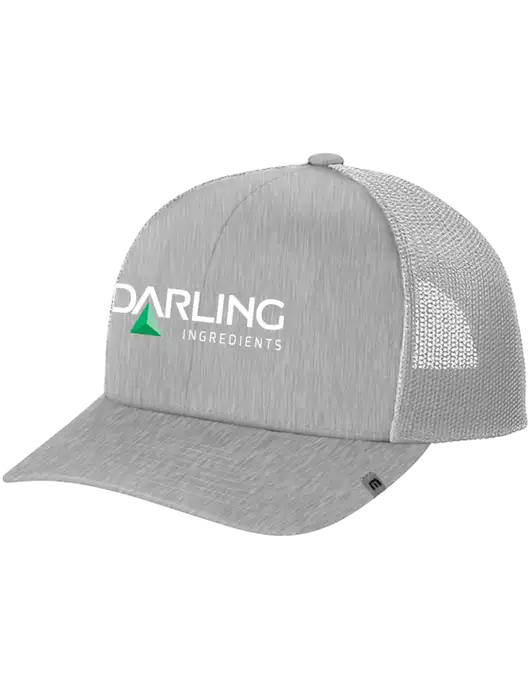 TravisMathew Light Medium Grey Heather Cruz Trucker Cap w/Darling Ingredients Logo