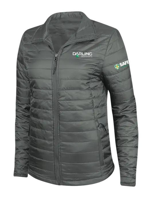 Dark Grey Womens Puffy Packable Jacket w/Darling Ingredients Logo, Safety Logo