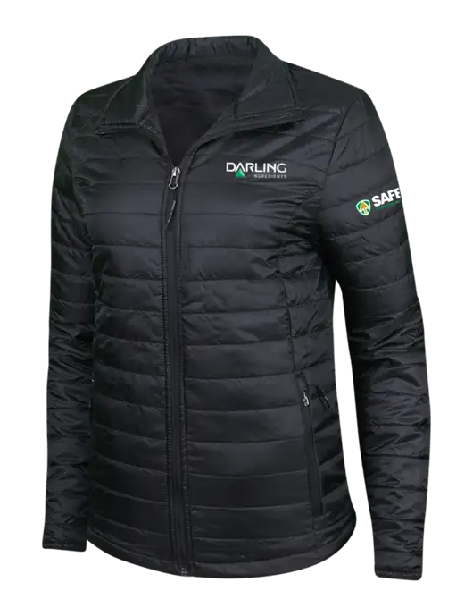 Womens Black Puffy Packable Jacket w/Darling Ingredients Logo, Safety Logo