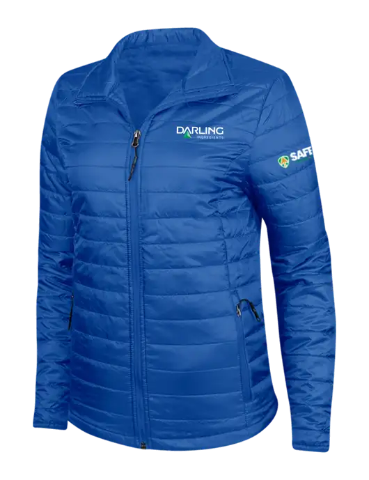 Dark Royal Blue Womens Puffy Packable Jacket w/Darling Ingredients Logo, Safety Logo