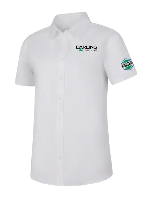 Womens White Short Sleeve Superpro React Twill Shirt w/Darling Ingredients Logo, FSQA Logo