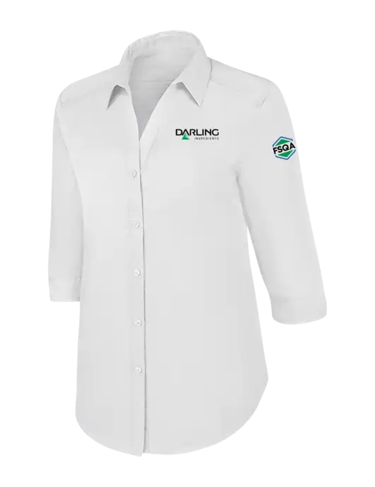Womens White 3/4 Sleeve Carefree Poplin Shirt w/Darling Ingredients Logo, FSQA Logo