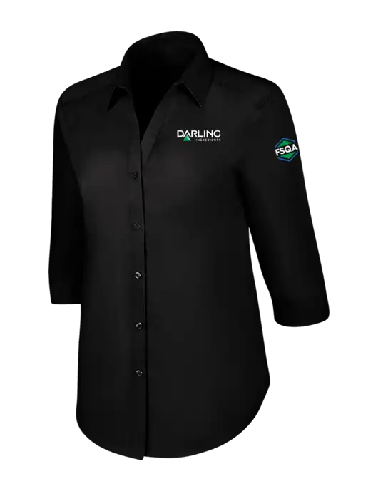 Womens Black 3/4 Sleeve Carefree Poplin Shirt w/Darling Ingredients Logo, FSQA Logo