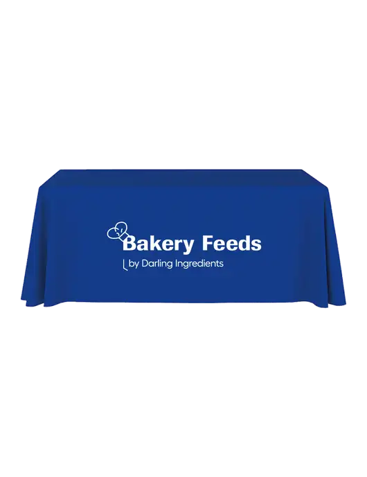 6' Stain-Resistant 4-Sided Dark Royal Table Cover w/Bakery Feeds Logo
